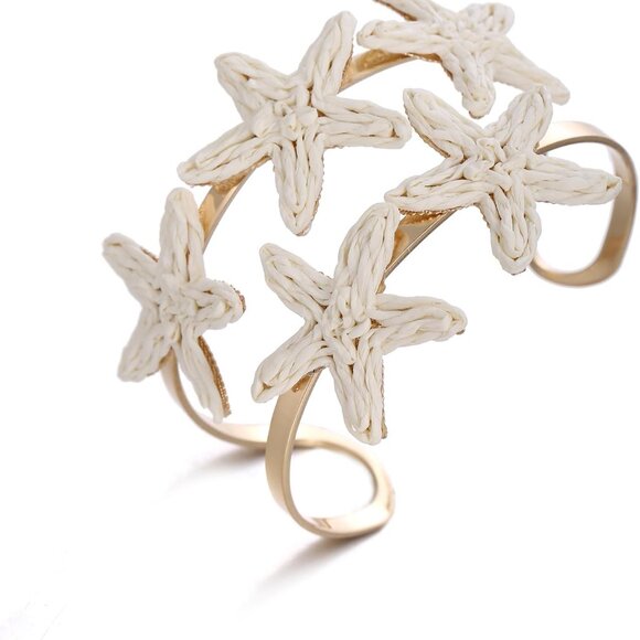 Handmade Raffia Starfish Cuff Bracelet Women Beach Tropical Adjustable Wide - Picture 1 of 7